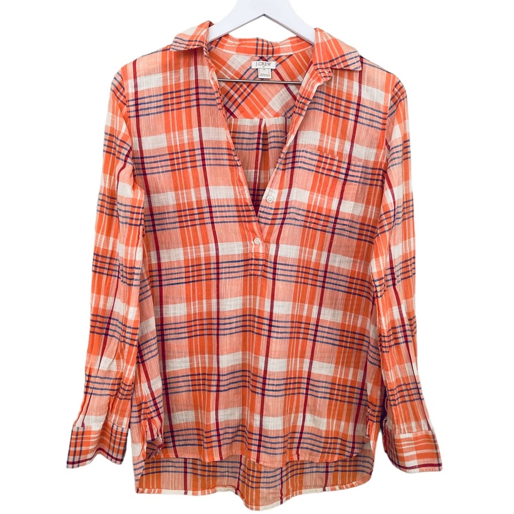 J. Crew 100% Cotton Coral Orange & Blue Plaid Partial Button Down‎ Top Size XS